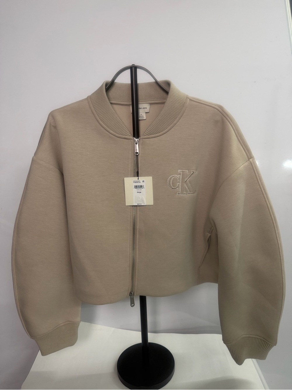 Calvin Klein Cropped Taupe Bomber Jacket with CK Embroidery